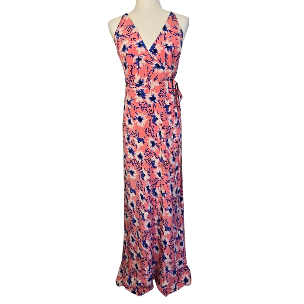 Yumi Kim Silk Floral Wrap Maxi Dress Pink Blue V Neck Size L